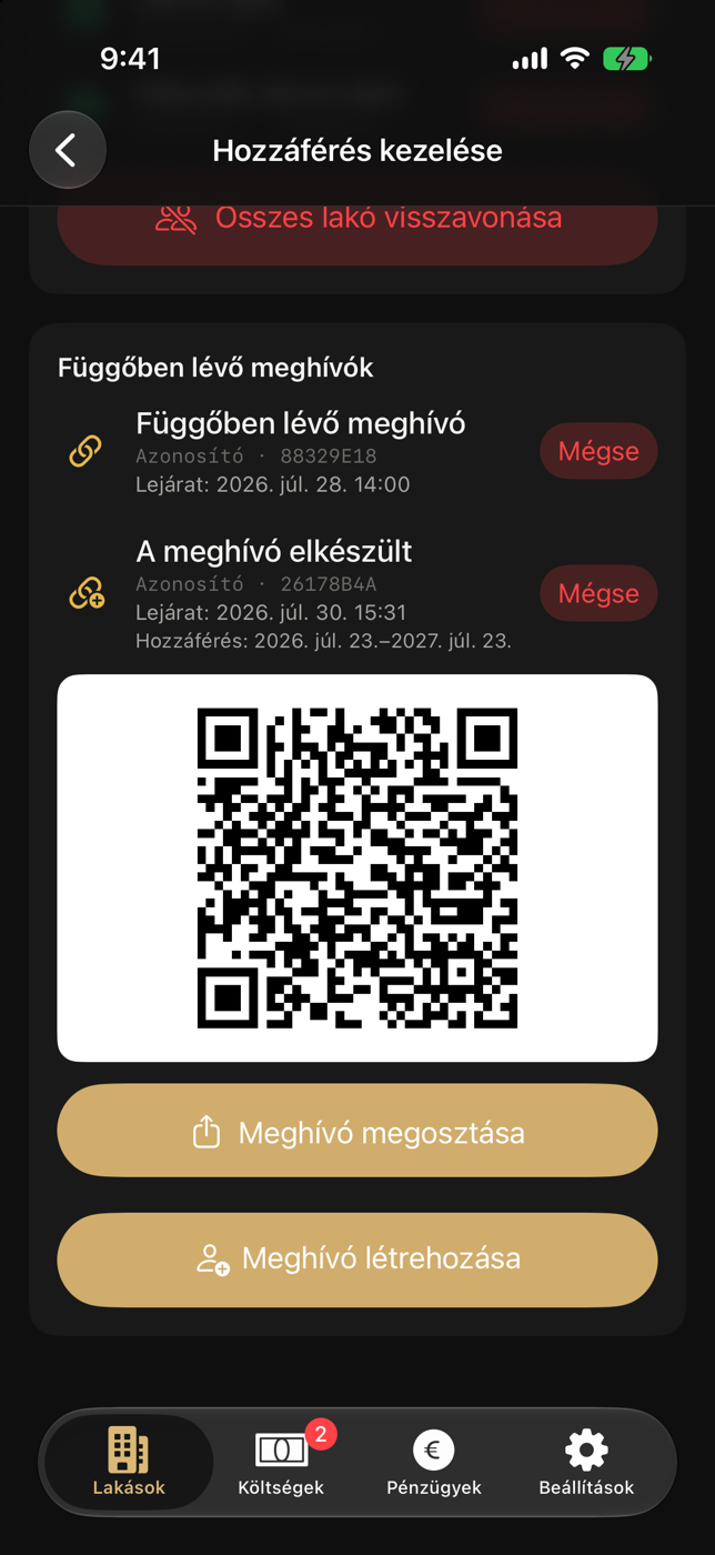 Példa Hozzáférés kezelése képernyő lakói meghívóval és kitakart, nem használható QR-kóddal