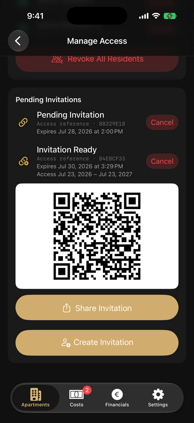 Example Manage Access screen with a resident invitation and an obscured, unusable QR code