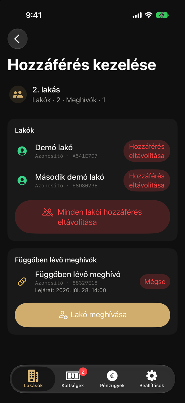 Hozzáférés képernyő lakónevekkel és Eltávolítás művelettel