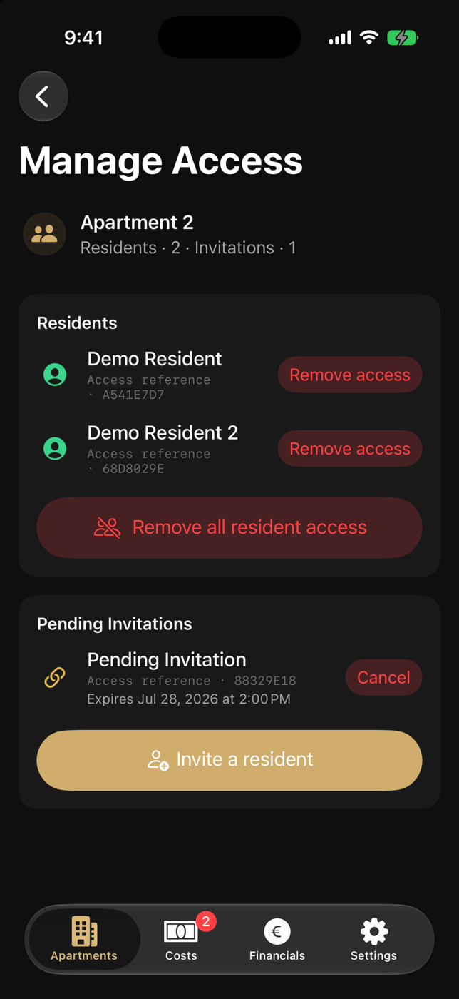 Manage Access showing resident names and a Remove action