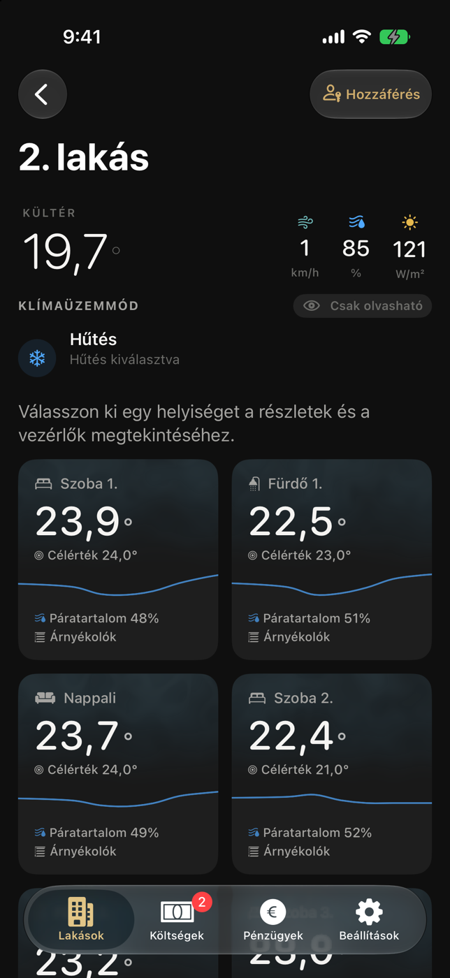 Lakott lakás vezérlőpultja csak olvasható, lakói vezérlési állapottal
