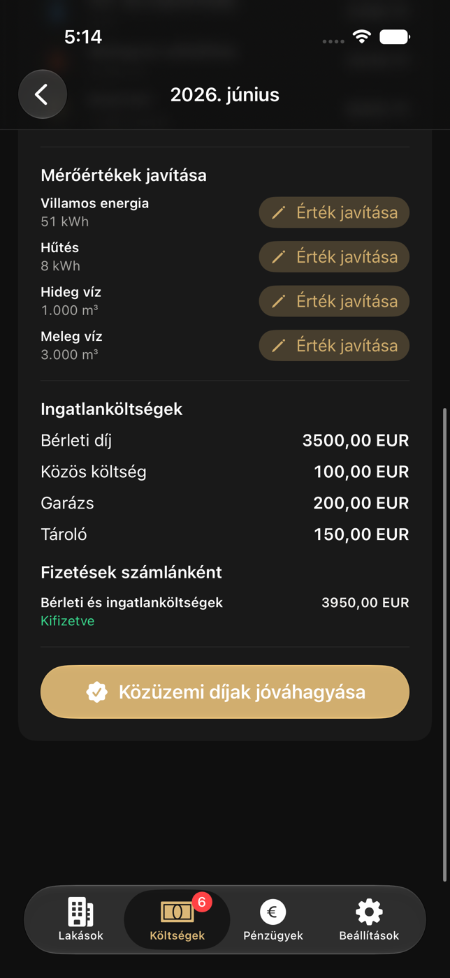 Tulajdonosi lakásköltség-bontás végösszeggel, állapottal és tételekkel