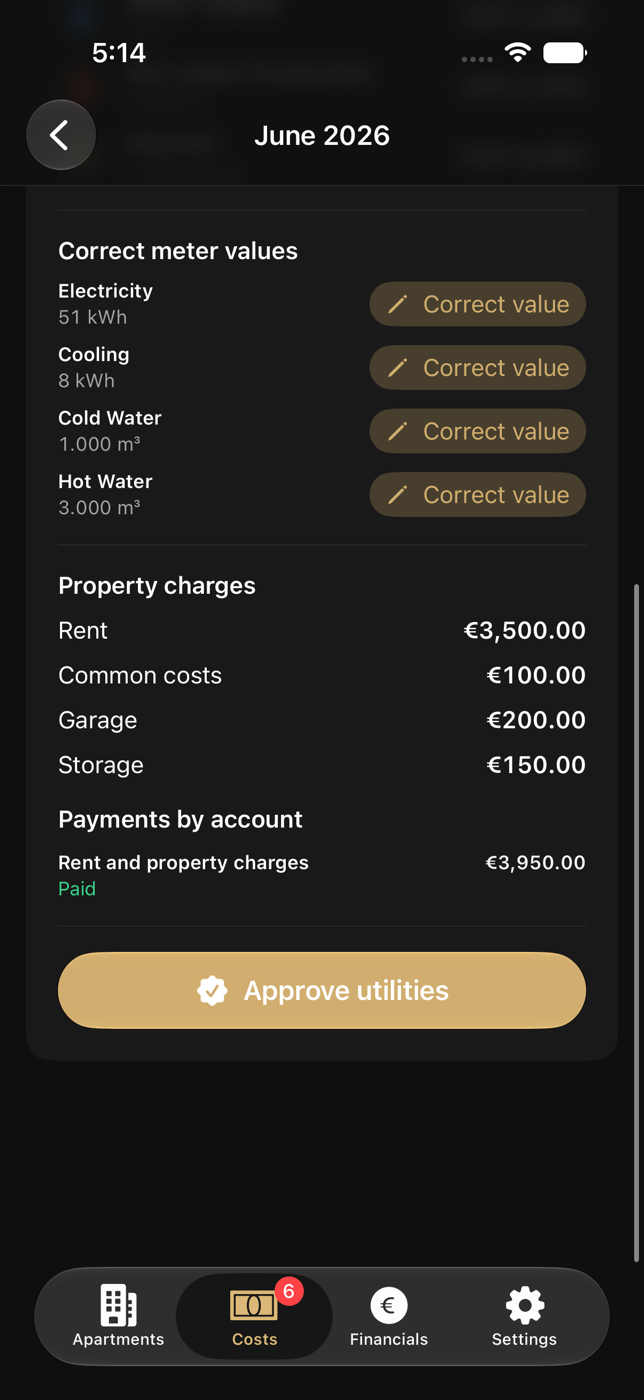 Landlord apartment cost breakdown with total, status and line items