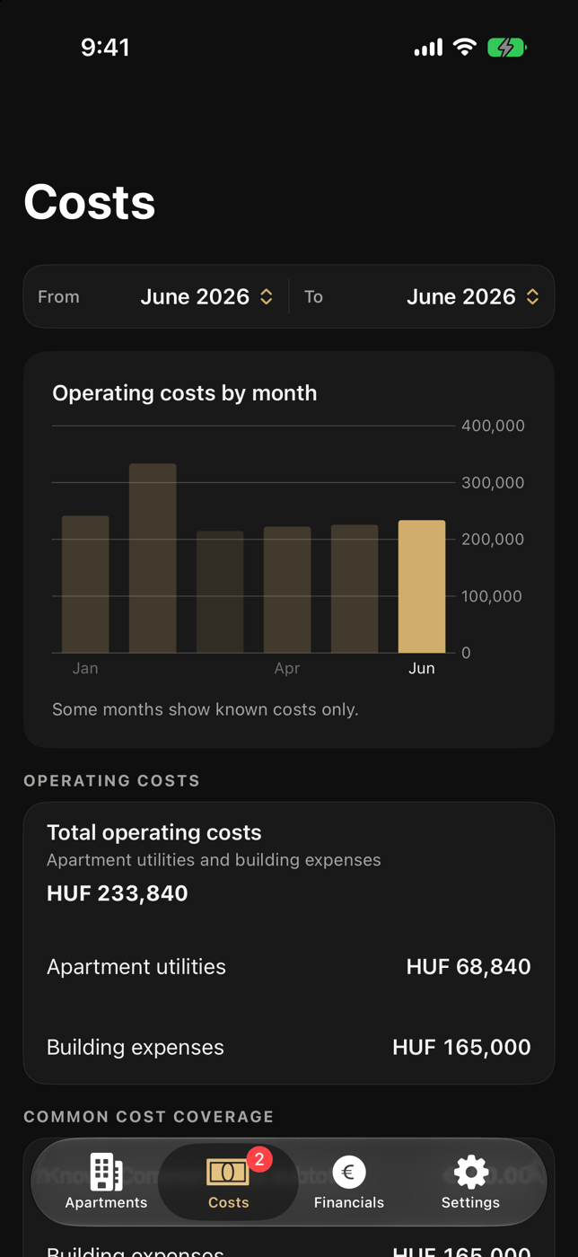 Landlord Costs with period controls, building chart, Total and apartment rows