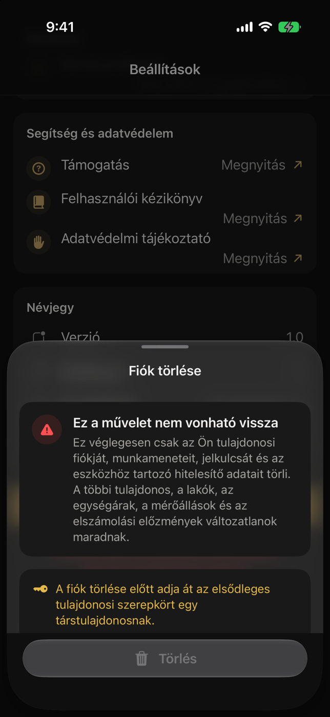 Saját fiók törlése lap a megerősítő szóval