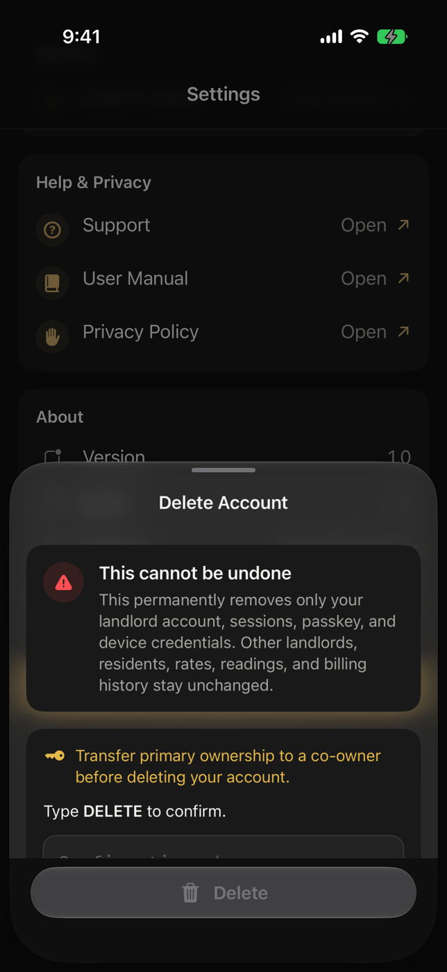 Delete My Account sheet requiring the confirmation word