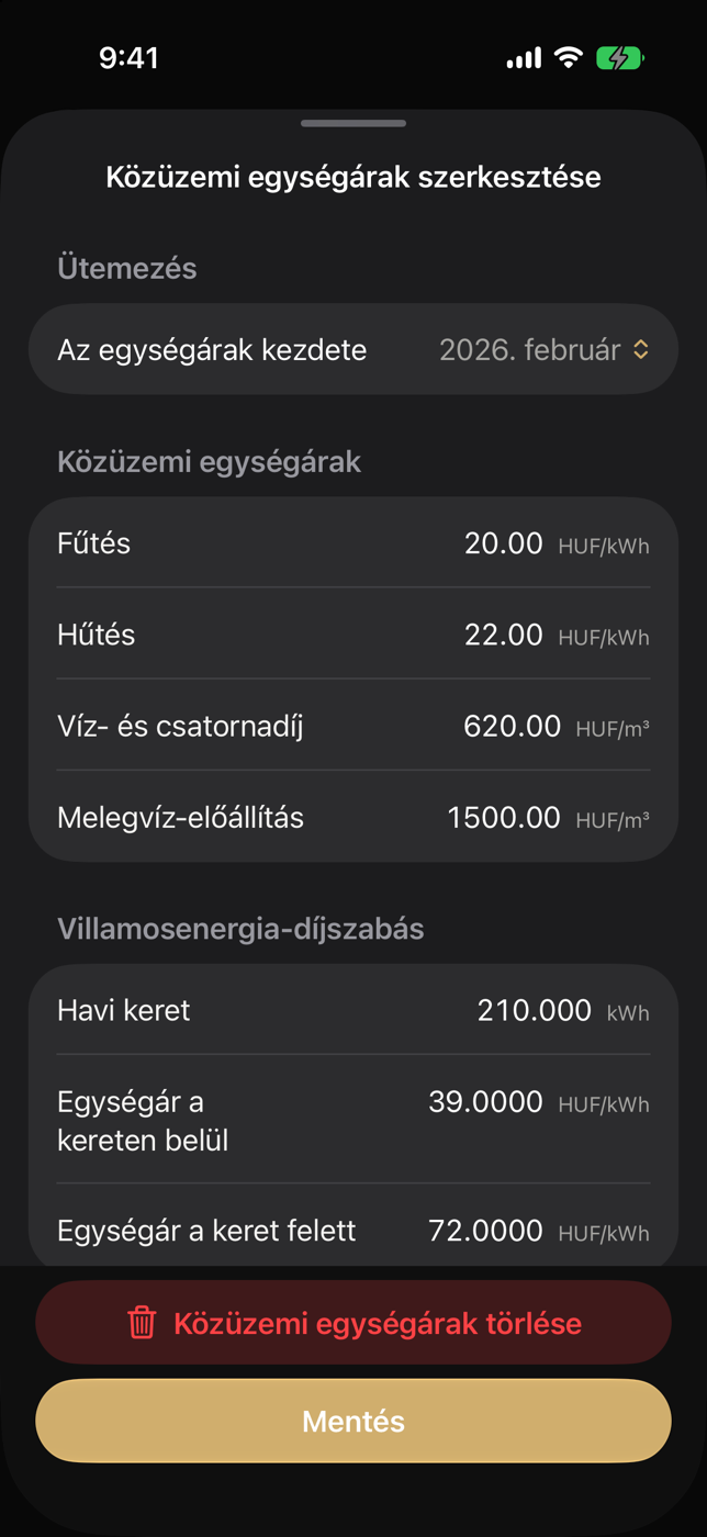 Egységár-szerkesztő Az egységárak kezdete és közüzemi mezőkkel