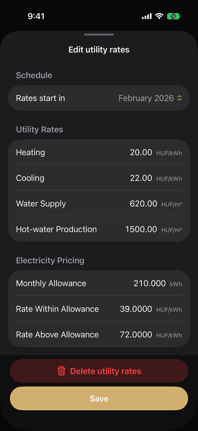 Edit Rate sheet with Rates start in and utility fields
