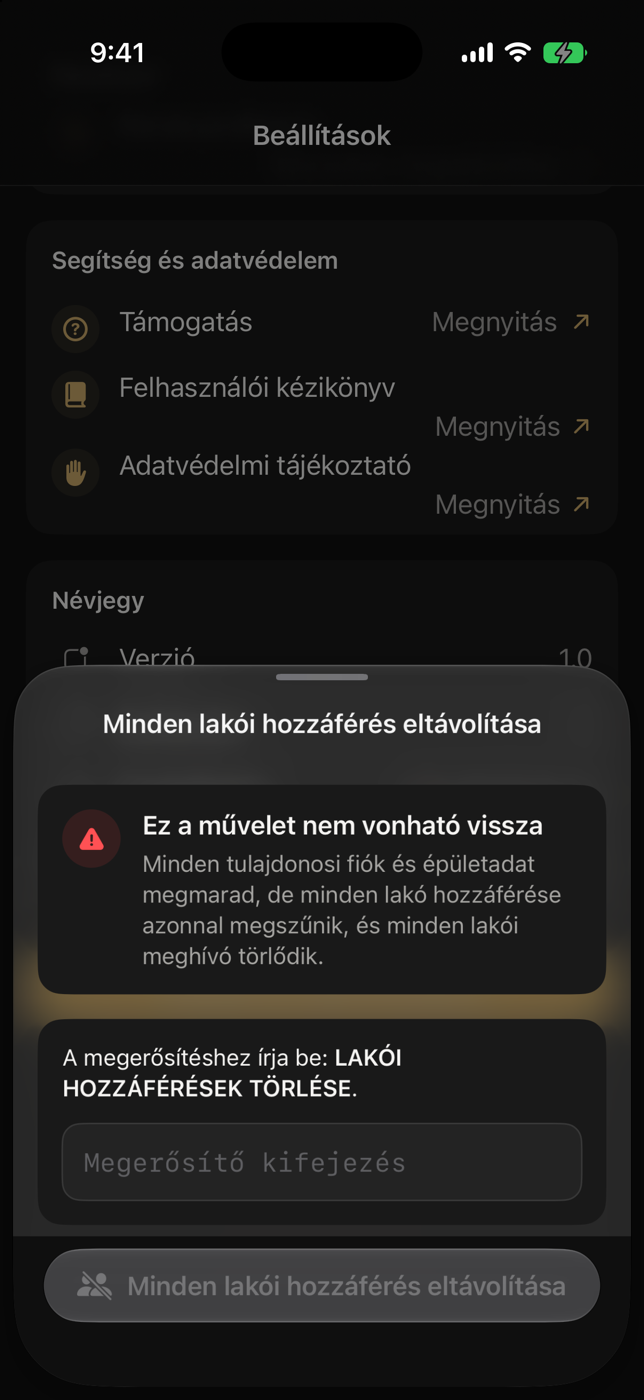 Lakói hozzáférések törlése lap a visszavont és megmaradó adatokkal