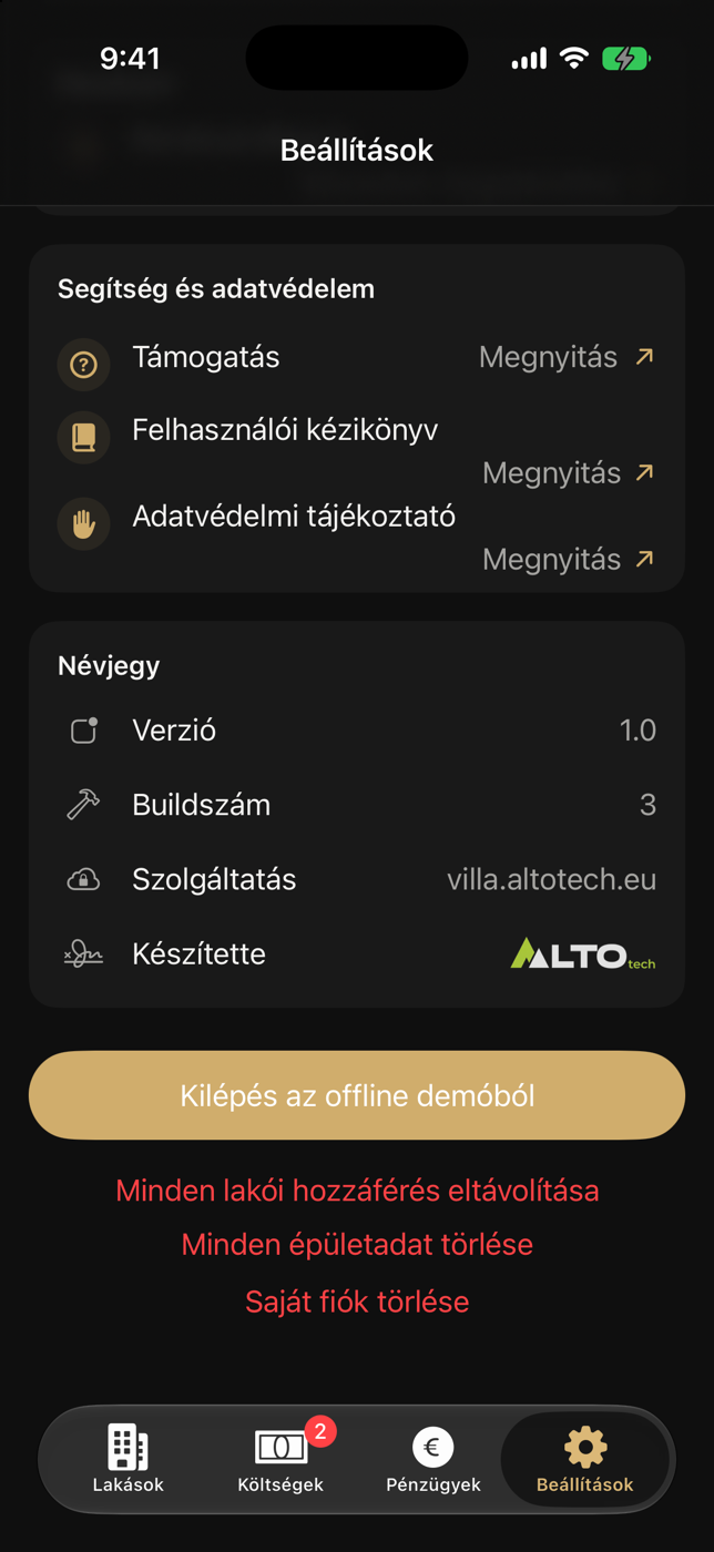 A Tulajdonosi Beállítások alja kijelentkezéssel, a lakói hozzáférések törlésével és fióktörléssel