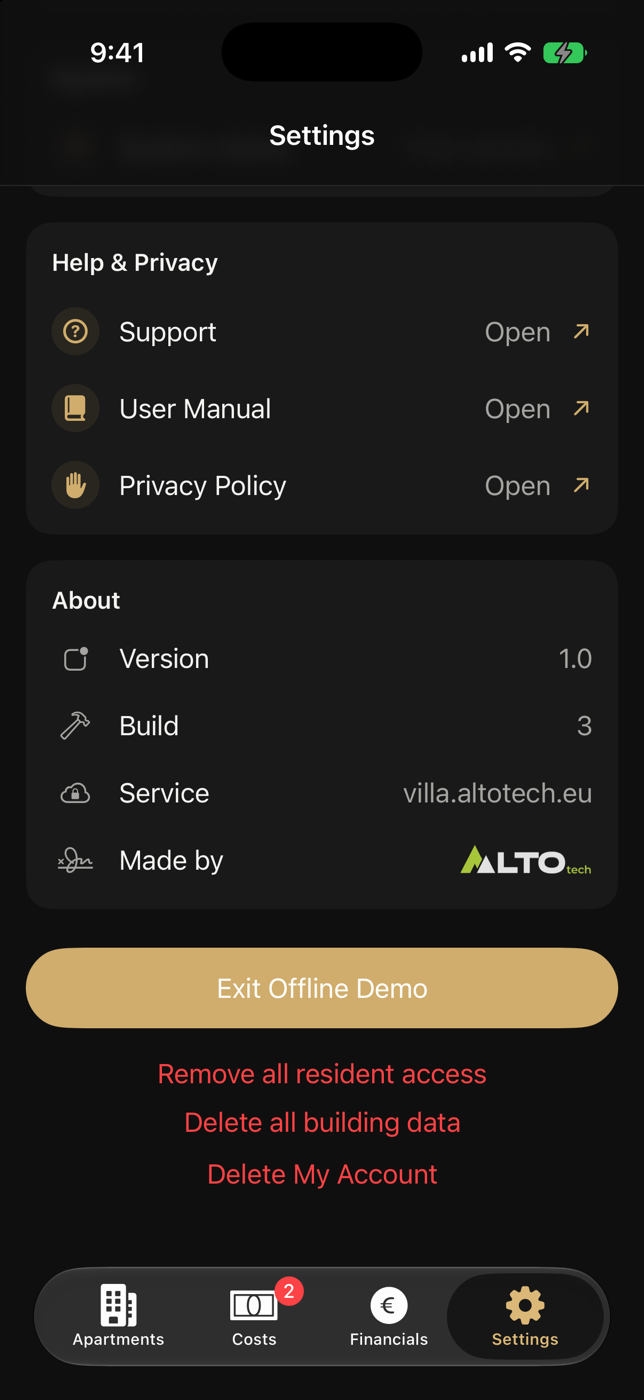 Lower Landlord Settings with sign out, building reset and account deletion