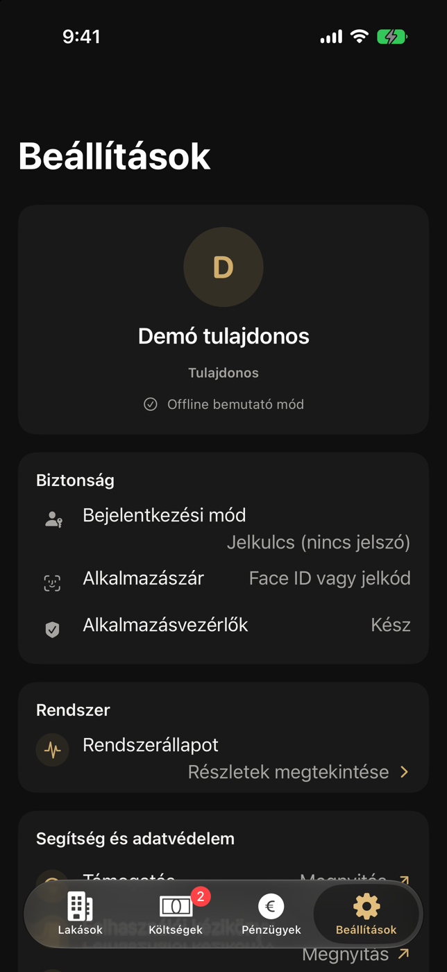 Tulajdonosi Beállítások Rendszerállapot hivatkozással