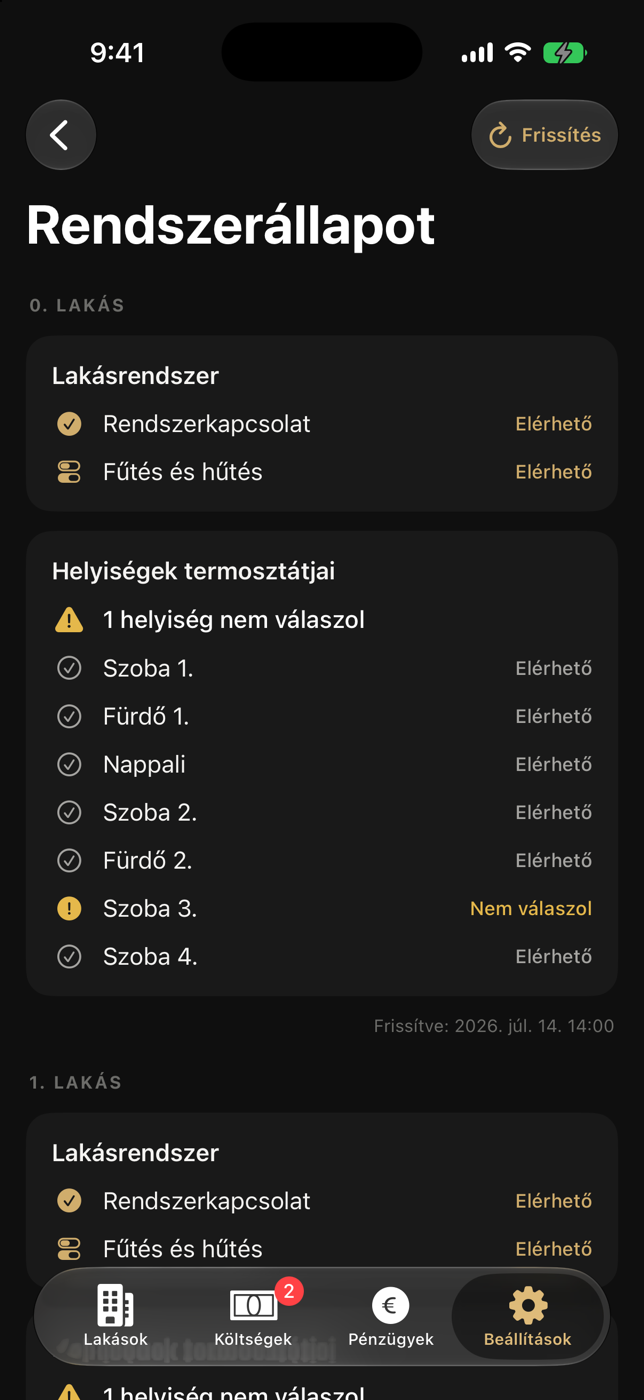 Tulajdonosi Rendszerállapot épületvezérlő- és termosztát-kommunikációval