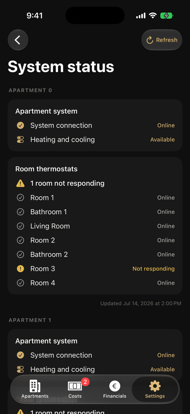 Landlord System Status with building-controller and thermostat communication