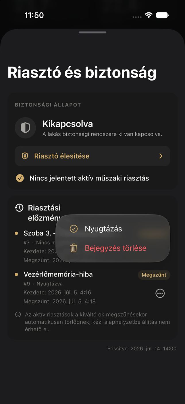 Riasztási bejegyzés menüje Nyugtázás és Bejegyzés törlése művelettel