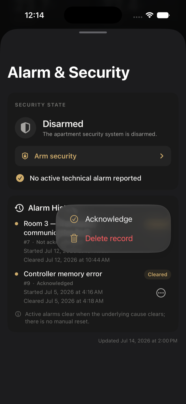 Alarm record menu with Acknowledge and Delete record
