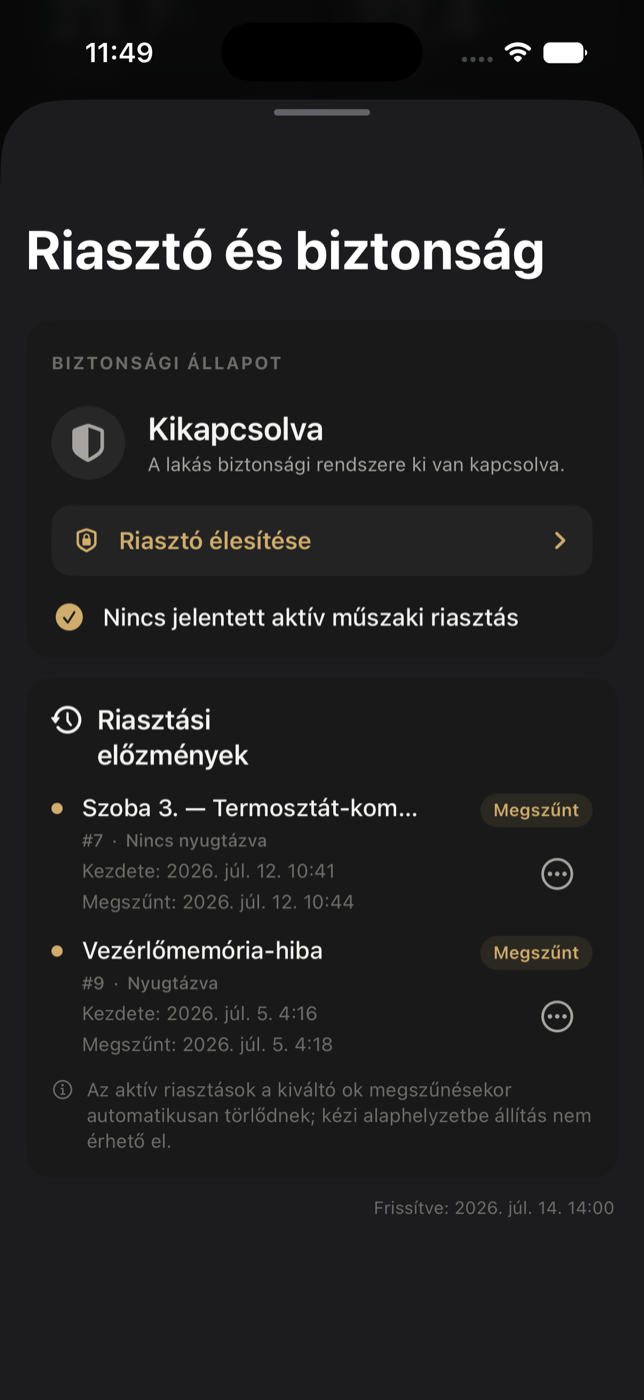 Riasztó és biztonság képernyő biztonsági állapottal és előzményekkel