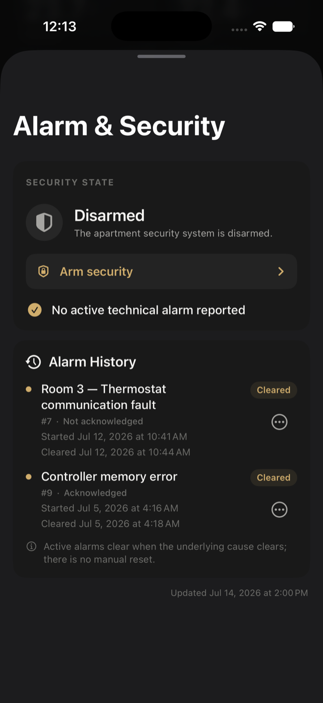 Alarm and Security screen with security state and alarm history