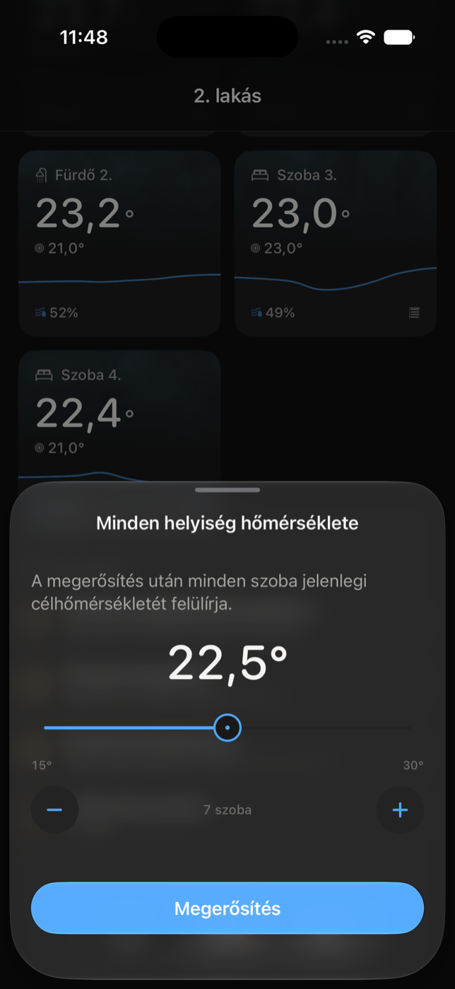 Minden helyiség hőmérséklete lap csúszkával és Megerősítés gombbal