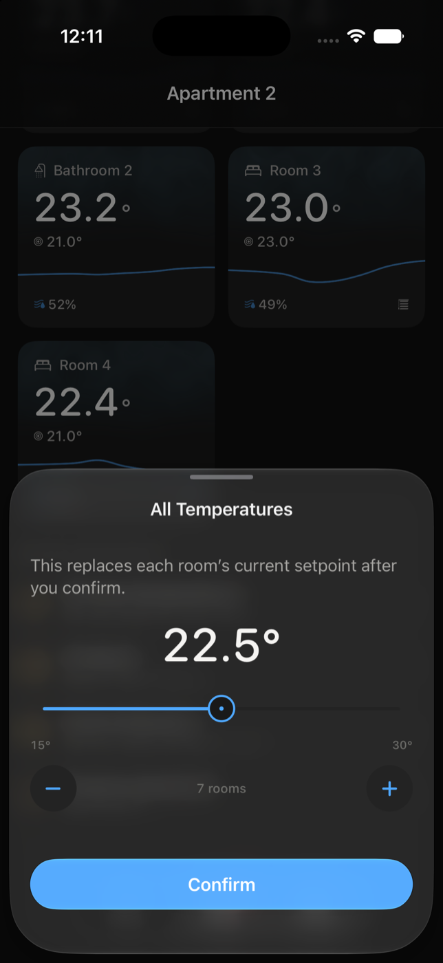 All Temperatures sheet with slider and Confirm button