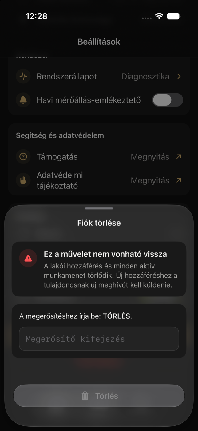 Fiók törlése lap a megerősítő szó megadásával