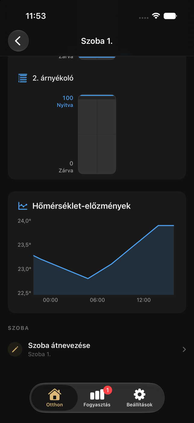 Hőmérséklet-előzmények diagram és Szoba átnevezése művelet