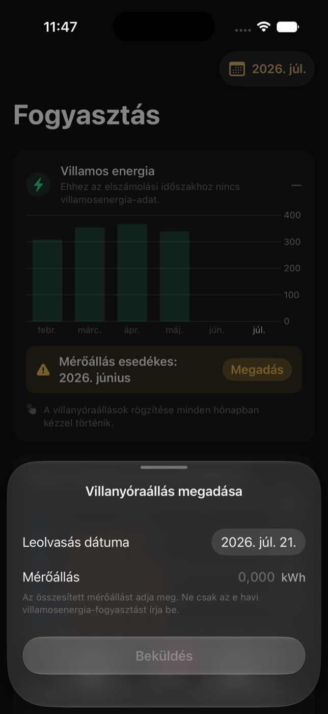 Villanyóraállás megadása lap mérőállásmezővel