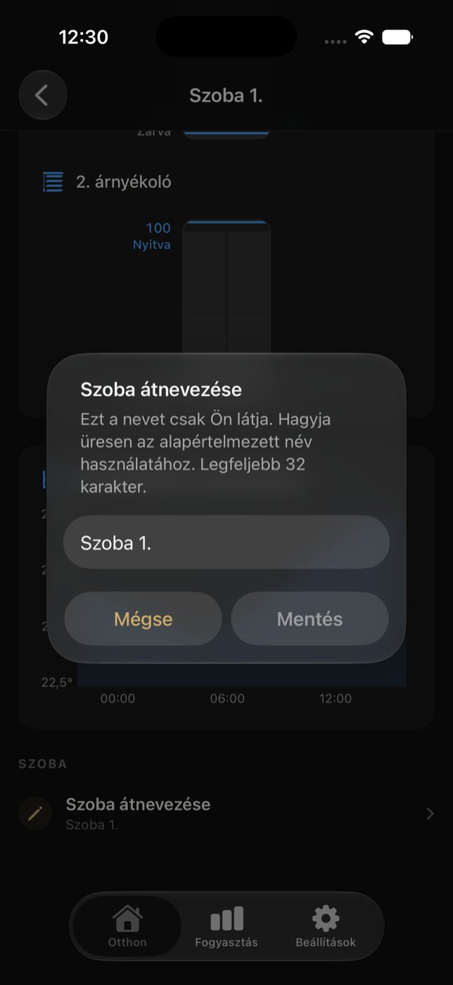 Szoba átnevezése párbeszédablak névmezővel, Mégse és Mentés gombbal