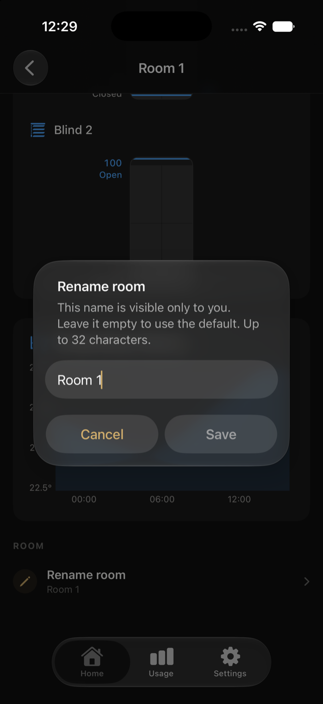Rename Room dialog with name field, Cancel and Save