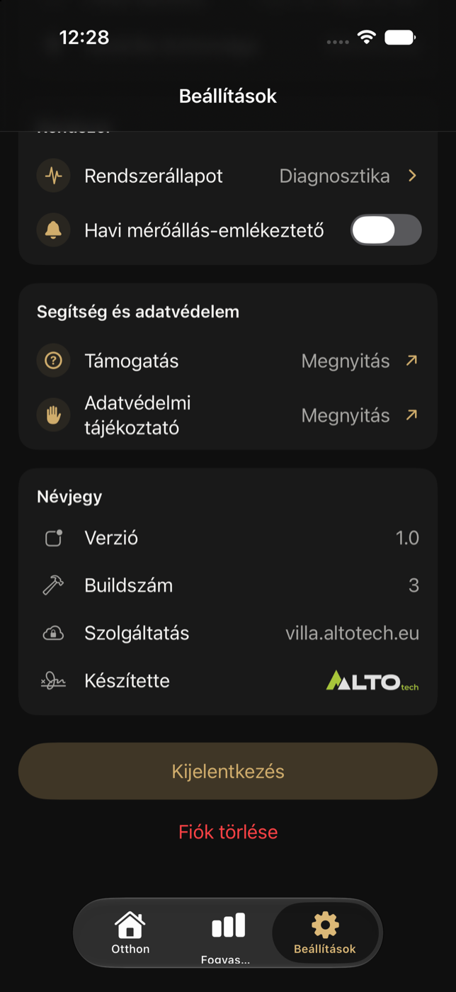 A Lakói Beállítások alja Kijelentkezés és Fiók törlése művelettel