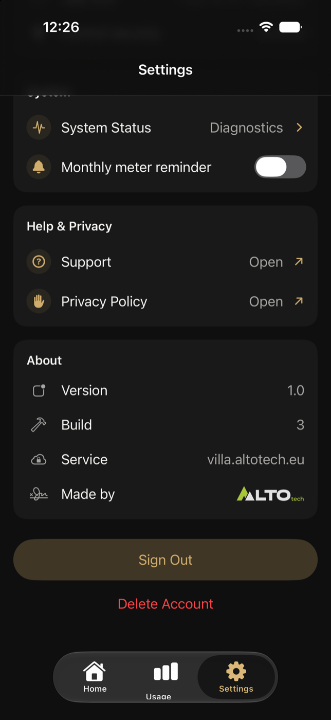Lower Resident Settings with Sign Out and Delete Account