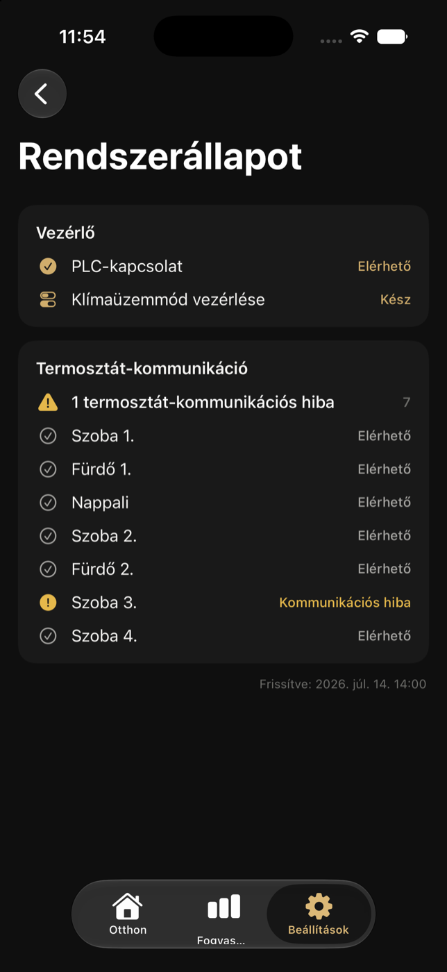 Lakói Rendszerállapot épületvezérlő- és termosztát-kommunikációval