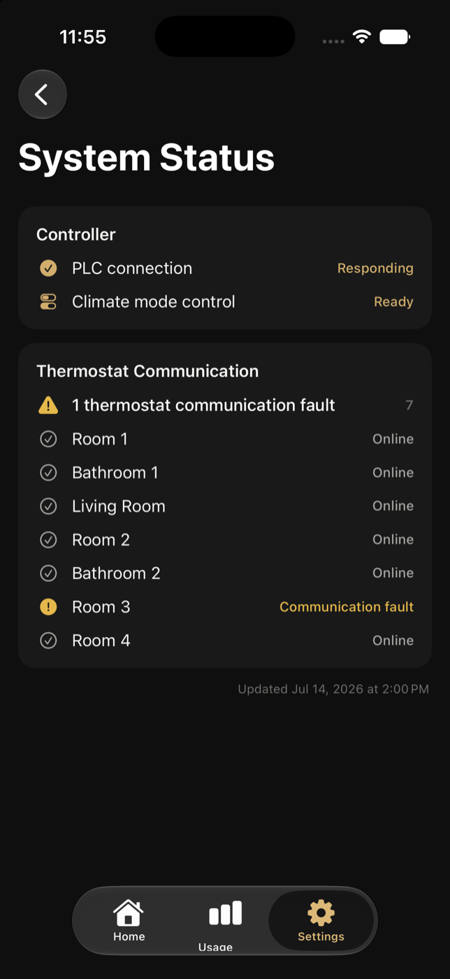 Resident System Status showing building-controller and thermostat communication
