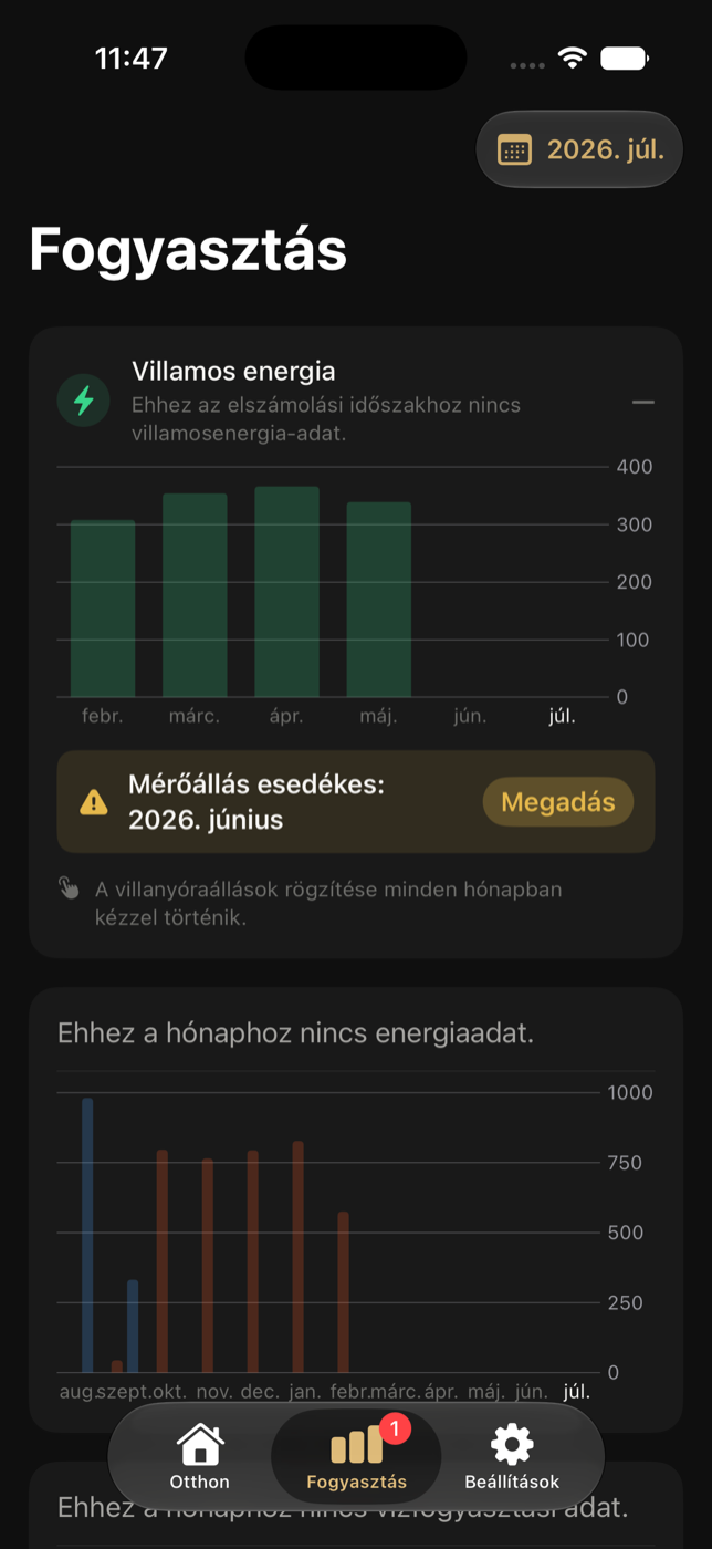 Fogyasztás képernyő esedékes mérőállással és Megadás gombbal