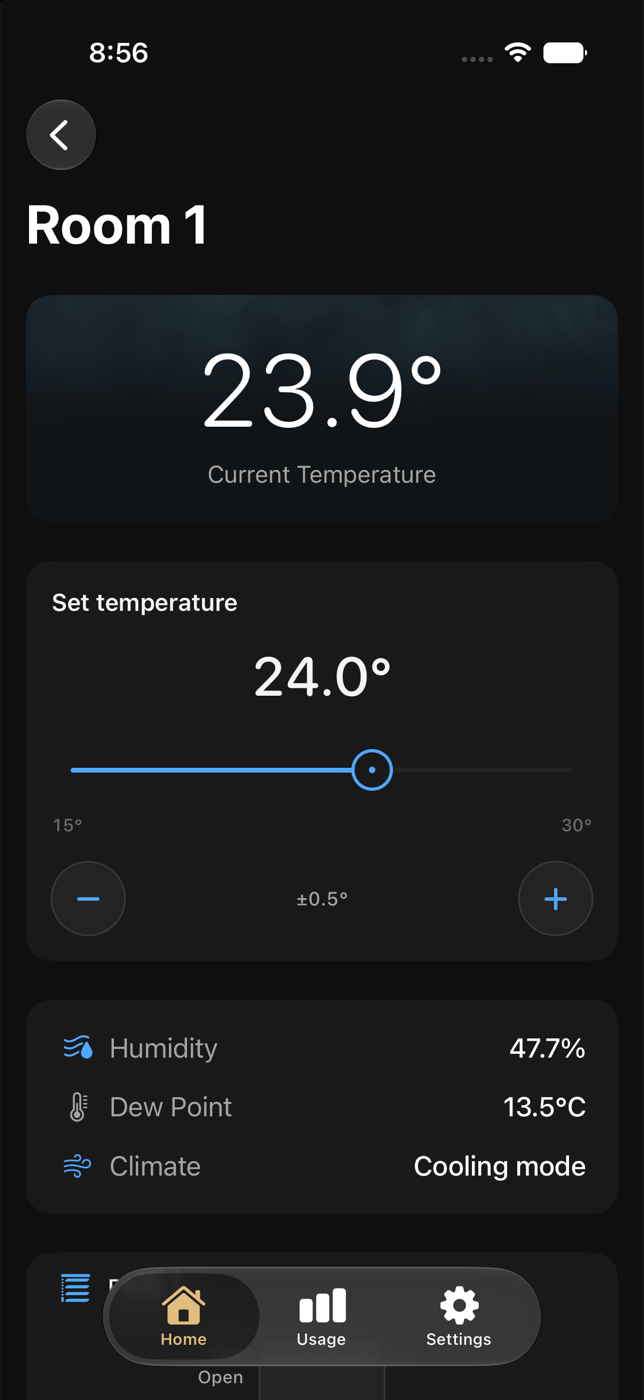 Room detail with current temperature and target control