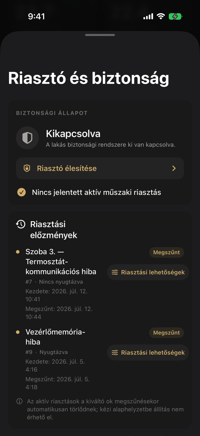 Egy lakás Riasztó és biztonság képernyője