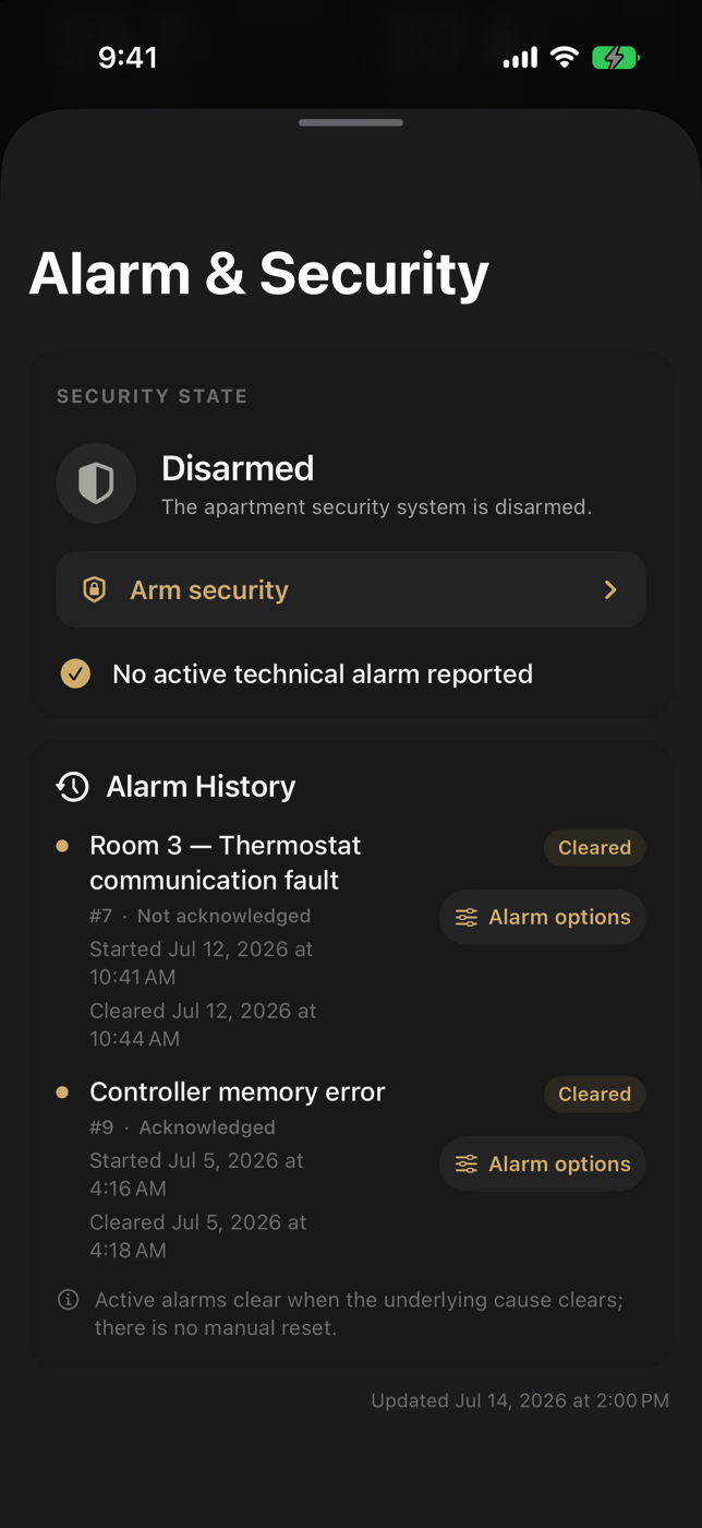 Alarm and Security screen for one apartment
