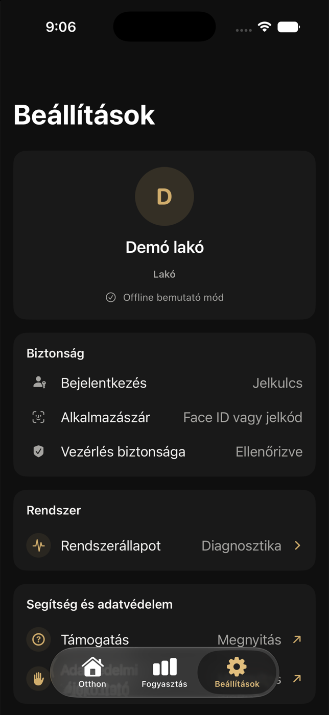Lakói Beállítások biztonsági, rendszer-, támogatási és fiókrészekkel