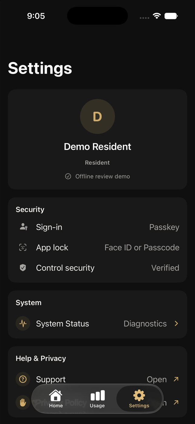 Resident Settings with security, system, support and account sections