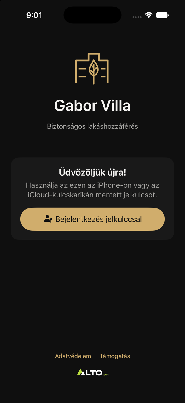 Üdvözlőképernyő jelkulcsos bejelentkezéssel